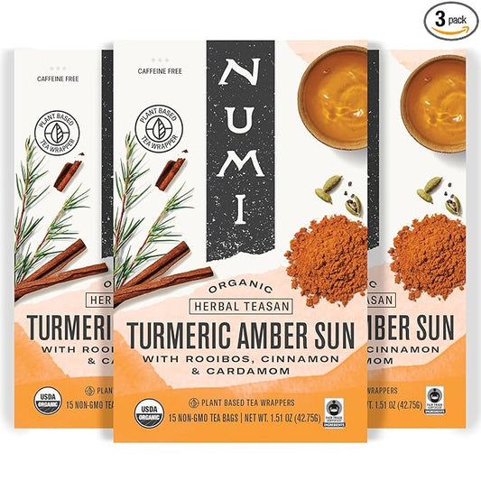 Numi Organic Amber Sun Turmeric Tea, 15 Tea Bags (Pack of 3), With Rooibos & Spices, Herbal Tea (Packaging May Vary).