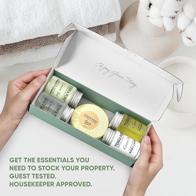 Terra Pure Green Tea Amenity Kit | Boxed Hotel Bulk Toiletries | 1 oz Shampoo, Conditioner, Lotion, Body Wash, Body Bar Soap for Guest Hospitality Vacation Rentals | 1 Set/Case