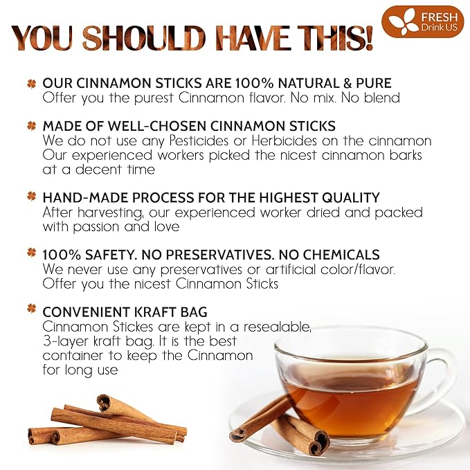 FreshDrinkUS Premium Cinnamon Sticks, 100% Natural & Pure Cinnamon Inner Bark, Strong Aroma, Perfect for Warm Beverages