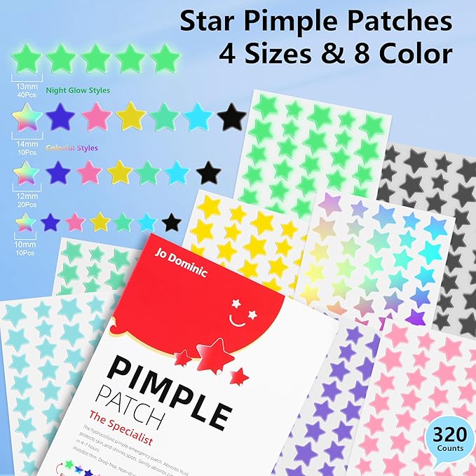 Pimple stars Patches for Face, 4 Size 320 Counts Acne Patches, Hydrocolloid Patches for Covering Zits and Blemishes, Spot Stickers with Salicylic Acid, Tea Tree Oil