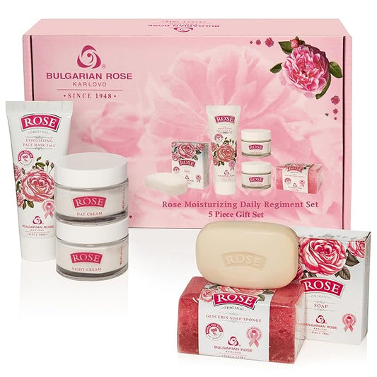 Bulgarian Rose Moisturizing Daily Regimen 5 Piece Gift Set - Rose Day Cream, Rose Night Cream, Exfoliating Face Mask, Rose Soap, Rose Soap Sponge