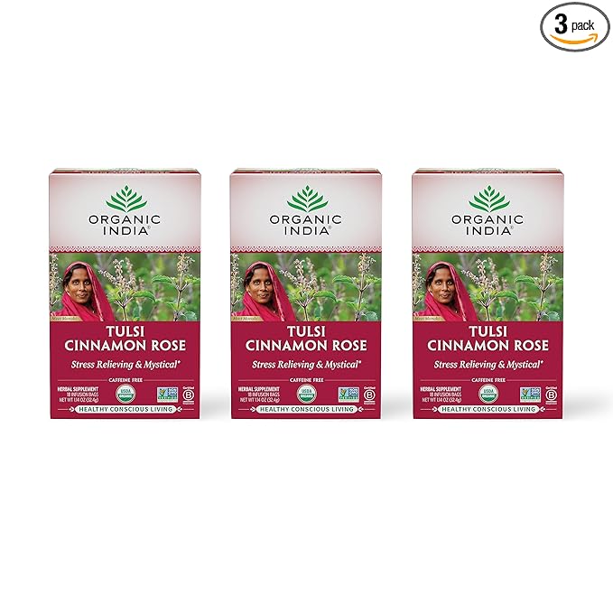 ORGANIC INDIA Tulsi Cinnamon Rose Tea Bags - Tulsi Rose Tea Bags, Cinnamon Tea Bags w/Holy Basil, Chamomile, Caffeine Free - 18 Infusion Bags, 3 Pack