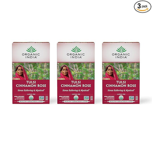 ORGANIC INDIA Tulsi Cinnamon Rose Tea Bags - Tulsi Rose Tea Bags, Cinnamon Tea Bags w/Holy Basil, Chamomile, Caffeine Free - 18 Infusion Bags, 3 Pack