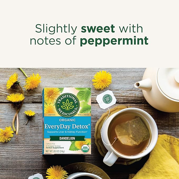Traditional Medicinals Tea, Organic EveryDay Detox Dandelion, Supports Healthy Liver & Kidney Function, Detox, 16 Tea Bags