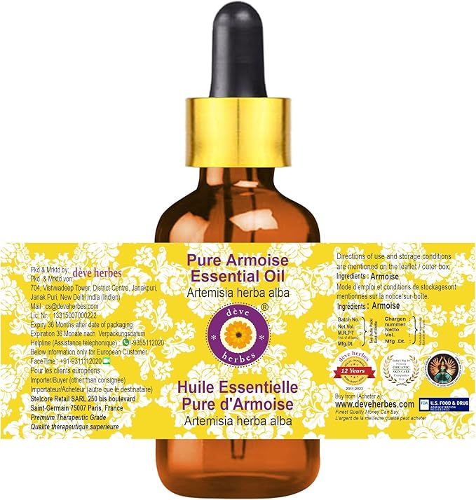 Deve Herbes Pure Armoise Essential Oil (Artemisia herba alba) with Glass Dropper Steam Distilled 50ml (1.69 oz)