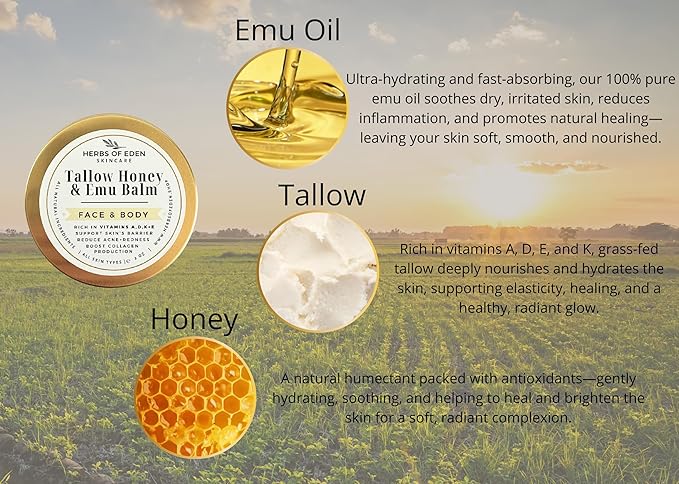Organic Tallow Honey Emu Oil Balm Grass Fed Handmade Moisturizing Tallow For Face and Body for Eczema Rosacea Rashes All Ages All Skin Types Healing Hand Balm | Made in USA