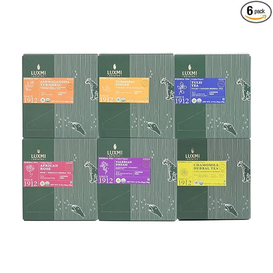Luxmi Estates - Organic Herbal Tea Assortment Pack of 6-90 Tea Bags - USDA Organic, Non-GMO, All Natural