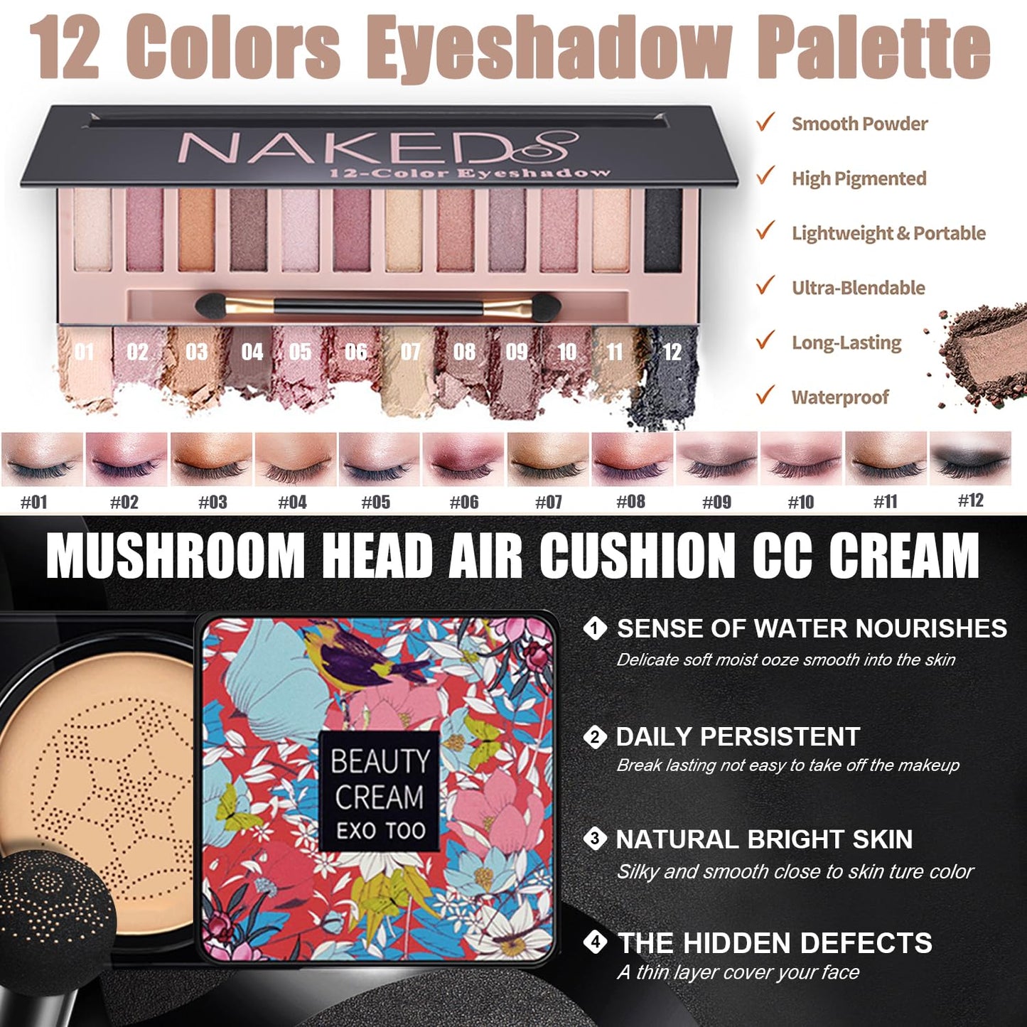 All in One Makeup Kit,Includes Naked Eyeshadow,CC Cream,Liquid Foundation,Lipstick Set,Mascara,Makeup Brush,Makeup Sponge,Eyebrow Pencil,Eyebrow Soap,Eyeliner Stamp, Primer,Contour Stick,Cosmetic Bag