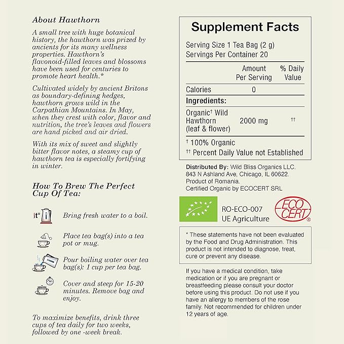 Wild Bliss Organic Wild Hawthorn Leaf and Flower Herbal Tea - Caffeine Free Heart Health Herbal Support - 20 Plant Based Tea Bags