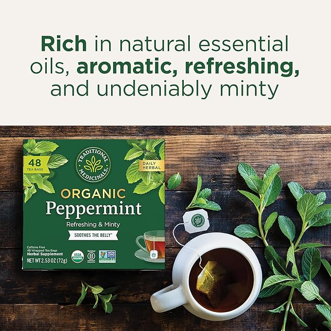 Traditional Medicinals Tea, Organic Peppermint, Soothes Your Belly, Refreshing & Minty, 48 Tea Bags