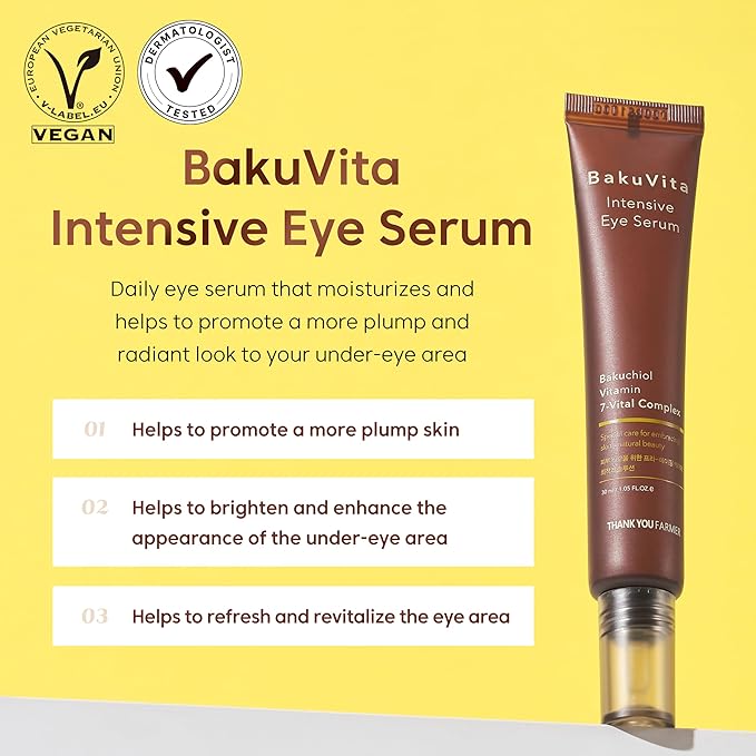 THANKYOU FARMER BakuVita Intensive Eye Serum - Retinol Alternative Bakuchiol, Vitamin C Eye Cream, Vitamin E, Korean Eye Cream for Fine Lines 1.05 Fl oz (30ml)