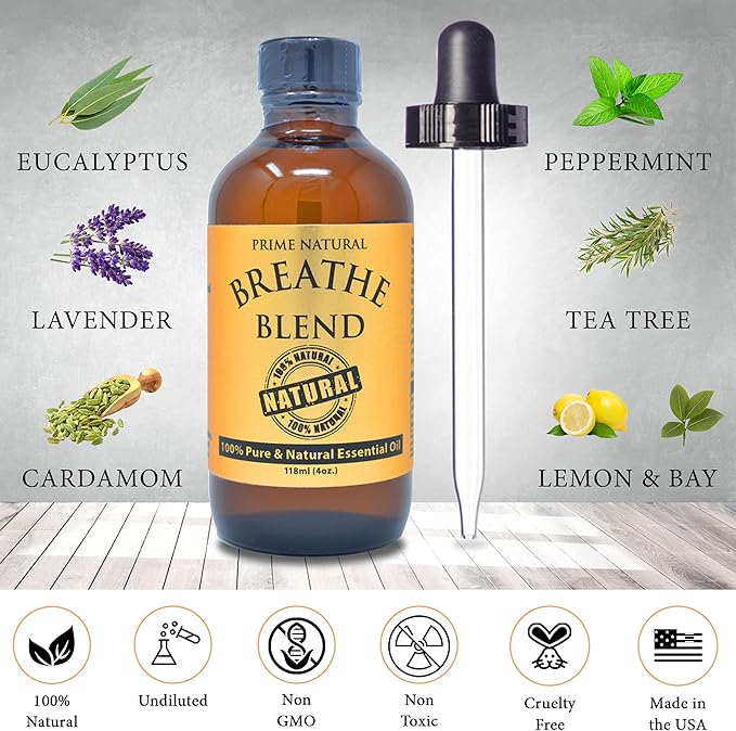 Prime Natural Breathe Essential Oil Blend 4oz - Pure, Undiluted Therapeutic Grade for Aromatherapy, Scents & Diffuser - Sinus Relief, Allergy, Congestion, Cold, Cough, Headache