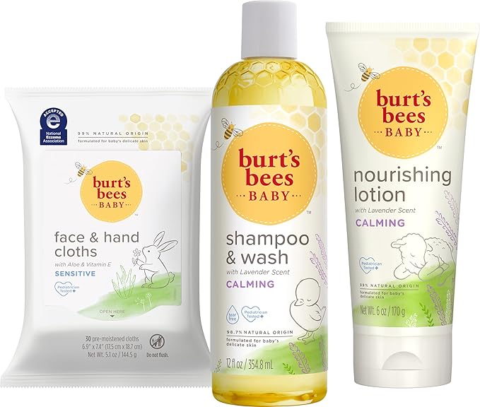Burt's Bees Baby Gift Set for Baby Showers, Includes Baby Essentials, Shampoo and Wash with Lavender, Body Lotion, Wipes and Cloths, Naturally-Derived Origin Skincare, 3 Count