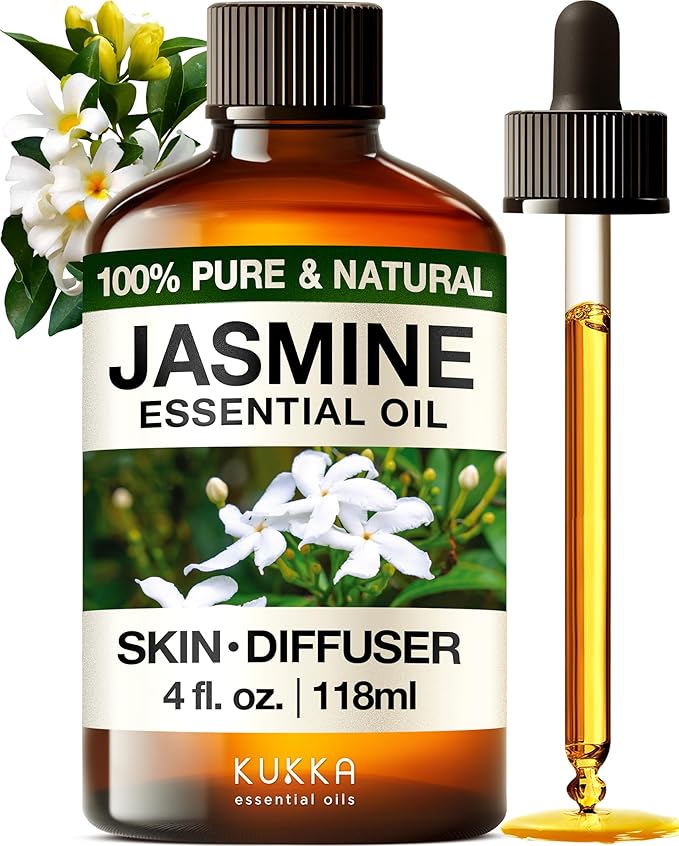 Kukka Jasmine Essential Oil for Diffuser - 4 Fl Oz - 100% Pure Natural Jasmine Oil for Skin, Hair & DIY Soap Making Scents - A Great Relaxing Floral Addition for Hair Care & Perfume