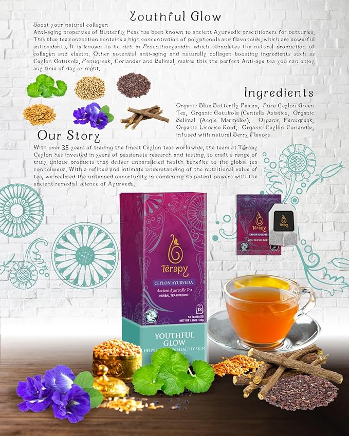 Térapy Ceylon Youthful Glow Herbal Tea Bags | Helps Maintain Healthy Skin and Hair | 100% Natural Blue Butterfly Peas, Licorice Root, Green Tea & More | Individually Wrapped Organic Tea Bags |18 Count