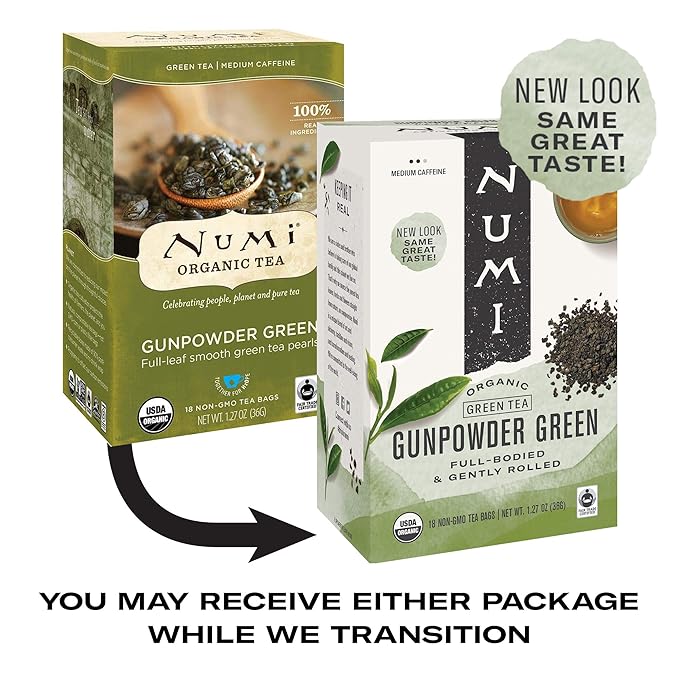 Numi Organic Tea Gunpowder Green, 18 Count Box of Tea Bags (Packaging May Vary)
