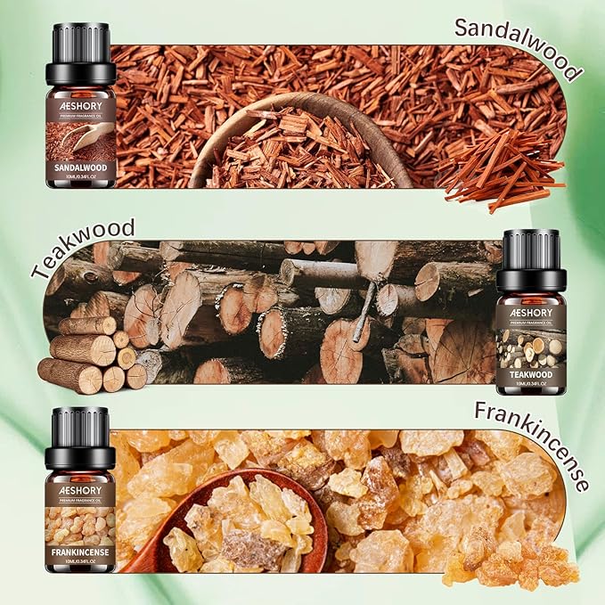 Woody Essential Oils Set - 6x10ML Woody Scents Fragrance Oil for Candle Making, Diffuser - Teakwood, Sandalwood, Cedarwood, Cyperss, Forest Pine, Frankincense Aromatherapy Oils