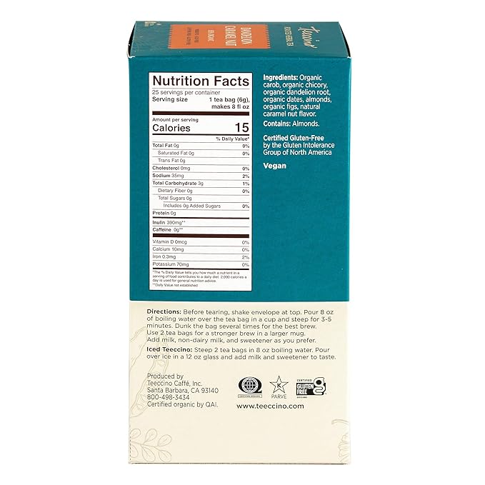 Teeccino Dandelion Caramel Nut Tea - Caffeine Free, Roasted Herbal Tea with Prebiotics, 3x More Herbs than Regular Tea Bags, Gluten Free - 25 Tea Bags (Pack of 3)