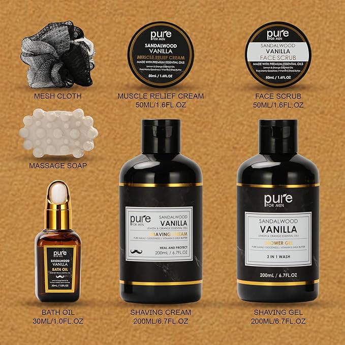 Pure Mens Bath and Body Gift Set. 7 Pc Natural Spa Gift Basket for Men. Spa Gift Set is #1 Ideal Gift for Men That Care about themselves!