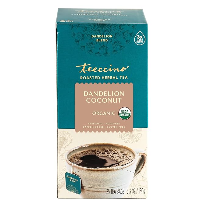 Teeccino Dandelion Coconut Tea - Caffeine Free, Roasted Herbal Tea with Prebiotics, 3x More Herbs than Regular Tea Bags, Gluten Free - 25 Tea Bags (Pack of 3)