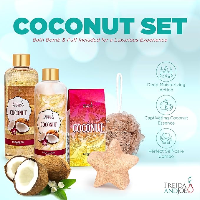 Freida & Joe Spa Bath and Body Gift Basket for Women- Coconut Bath shower, Coconut Scent Body Skincare Collection Gifts for Mom, Wife, Girlfriend