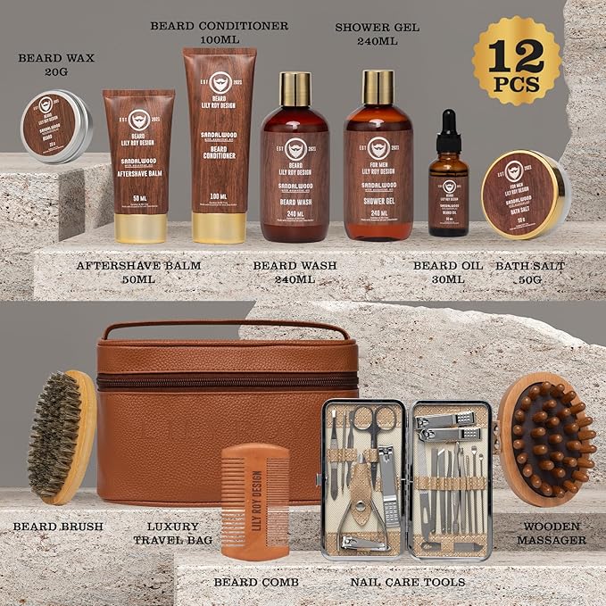 Father’s Day Gift - 12Pcs Sandalwood Men's Bath & Beard Gift Set for Men, Self Care Set with Beard Wash | Luxury Grooming Kit for Dad, Husband, Boyfriend, Christmas, Valentine’s, Birthday Gift for Him