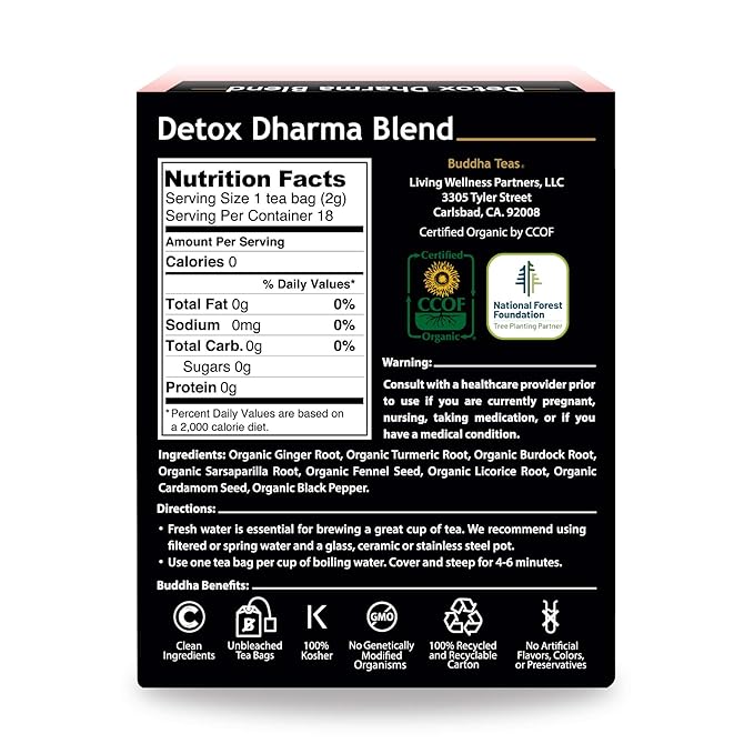 Buddha TeasBuddha Teas - Organic Detox Dharma Blend - Herbal Tea - For Health & Wellbeing - With Antioxidants & Minerals - Clean Ingredients - Caffeine Free - OU Kosher & Non-GMO - 18 Tea Bags (Pack of 1)