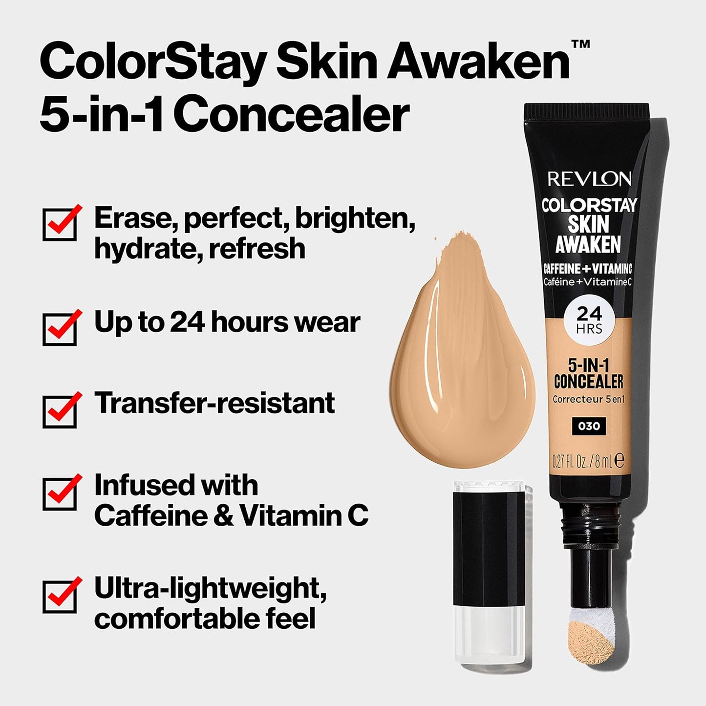 Revlon ColorStay Skin Awaken 5-in-1 Concealer, Lightweight, Creamy Longlasting Face Makeup with Caffeine & Vitamin C, For Imperfections, Dark Circles & Redness, 015 Light, 0.27 fl oz
