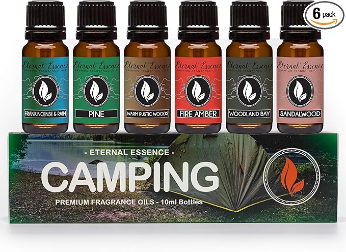 Eternal Essence Oils Camping Set of 6 Premium Fragrance Oils - Includes Warm Rustic Woods, Fire Amber, Pine, Sandalwood, Frankincense & Rain and Woodland Bay Scented Oils - 10ML