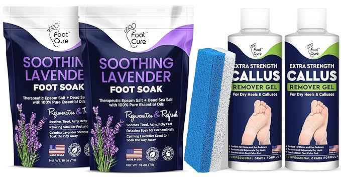 Soothing Lavender Foot Soak with Epsom Salt & Callus Remover for Feet with Extra Strength Gel & Foot Pumice Stone Set