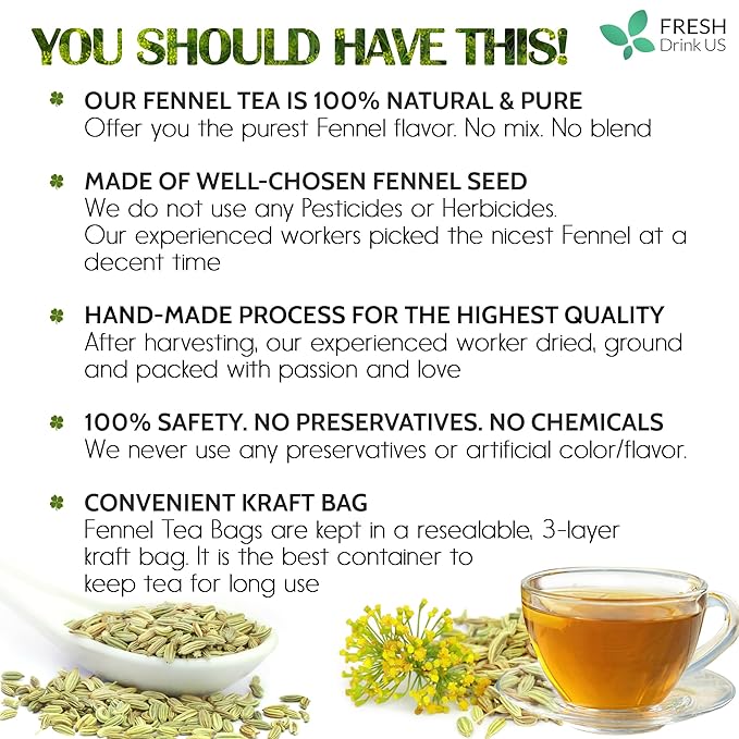 FreshDrinkUS Premium 200 Fennel Tea Bags, 100% Natural & Pure From Seeds. Herbal Tea Made With Natural Material Bags. No Sugar, No Caffeine, No Gluten, Vegan.