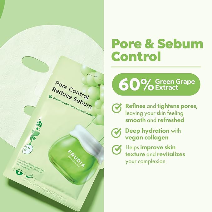 FRUDIA Green Grape Pore Control Face Mask Sheets (10 Pack), Korean Face Masks with 60% Green Grape Extract, Tannin Pore Complex & Anti Sebum P for Hydrating & Pore Minimization
