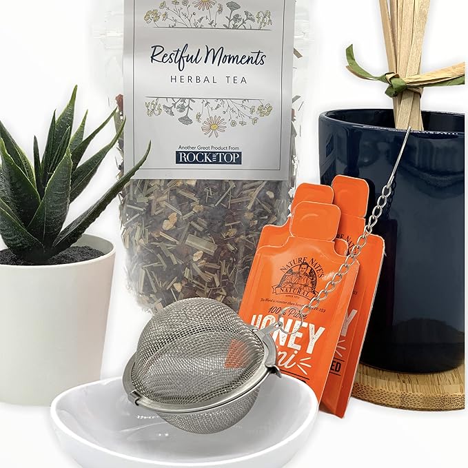 Rock the Top Restful Moments Herbal Tea Gift Box - Tea Set with Tea Infuser, Loose Leaf Tea, Tea Steeper, Tea Cup, Tea Bag Holder, Coaster & more- Gift Sets for Tea Lovers, Nurse Gifts, Birthdays & Teacher Appreciation.