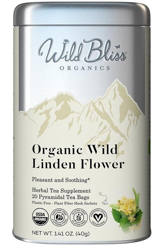 Wild Bliss Organic Linden Flower Herbal Tea - Caffeine Free Tisane - 20 Plant Based Tea Bags