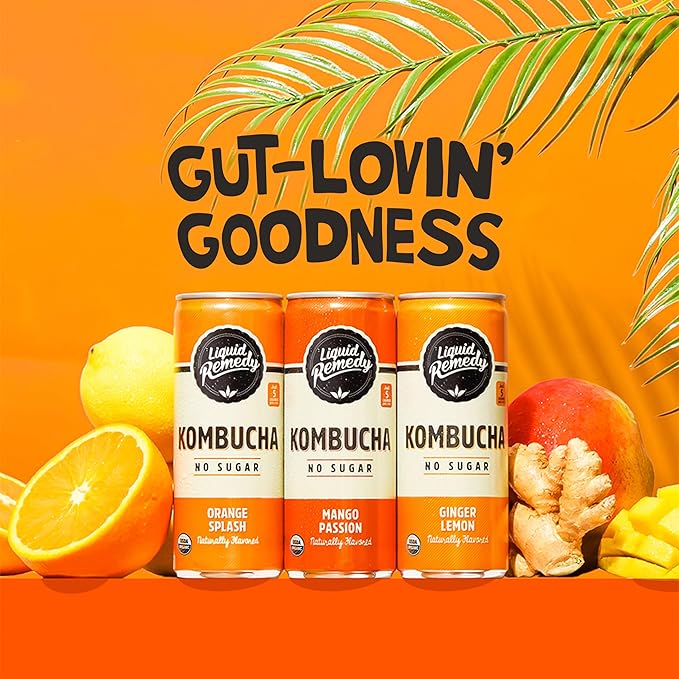 Liquid Remedy Kombucha Sugar Free Organic Drink, Low Calorie, Probiotic Like Tea for Gut Health - Tropical Trio Variety Pack - 8.5 Fl Oz Can, 12-Pack