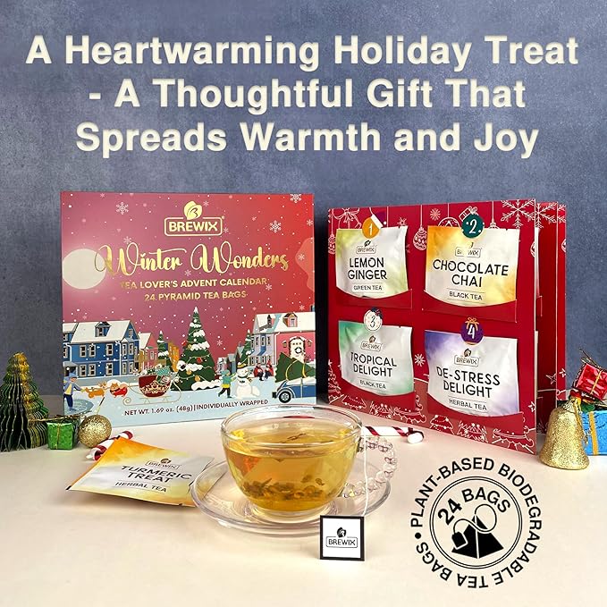 BREWIX, Tea Advent Calendar 2024 | 24 Pyramid Tea Bags - Luxury Gift Box | Selection of 24 Delightful Black/Green Teas and Infusions | Christmas Gift Idea for Men and Women