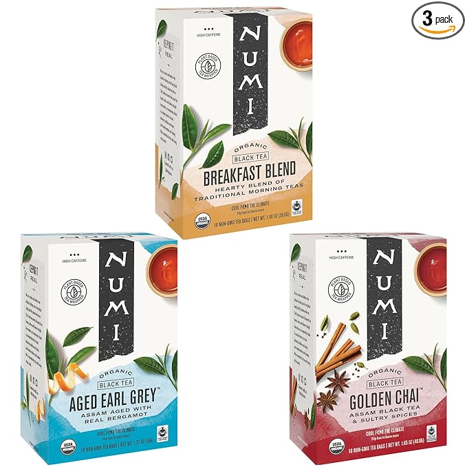 Numi Organic Black Tea Variety, 18 Tea Bags (Pack of 3), Breakfast Blend, Aged Earl Grey & Golden Chai (Packaging May Vary)