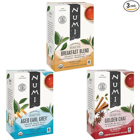 Numi Organic Black Tea Variety, 18 Tea Bags (Pack of 3), Breakfast Blend, Aged Earl Grey & Golden Chai (Packaging May Vary)