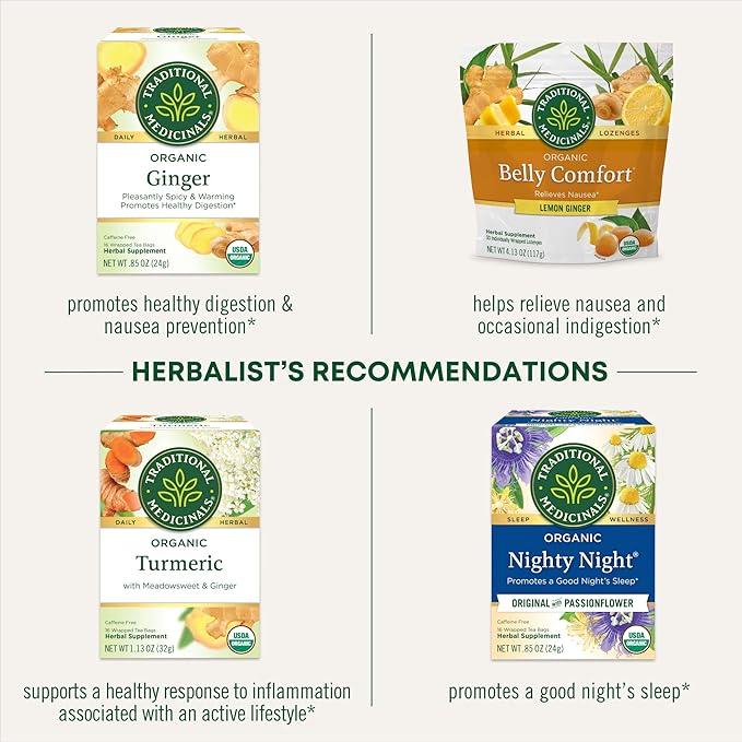 Traditional Medicinals Tea, Organic Ginger & Chamomile, Occasional Nausea & Indigestion Relief, 16 Tea Bags