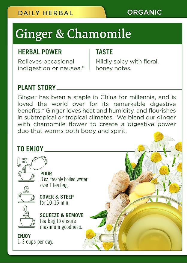 Traditional Medicinals Organic Ginger & Chamomile Herbal Tea, Relieves Occasional Indigestion or Nausea, (Pack of 1) - 16 Tea Bags