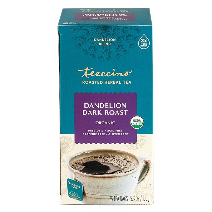 Teeccino Dandelion Herbal Tea - Dark Roast - 25 Tea Bags - Caffeine Free, Prebiotic, Gluten Free, 3x More Herbs