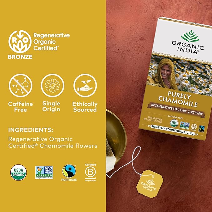 Organic India Purely Chamomile Tea- Regenerative Organic Chamomile Flowers, Caffeine Free, Calming & Relaxing Herbal Tea, Pure Chamomile, Natural Support for Sleep & Relaxation- 18 Tea Bags, Pack of 3
