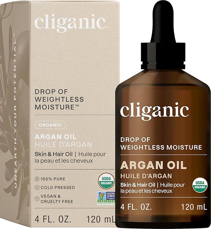 Cliganic USDA Organic Argan Oil, 100% Pure | for Hair, Face & Skin | Natural Cold Pressed Carrier Oil, Imported from Morocco (Packaging May Vary)