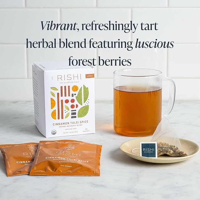 Rishi Tea Cinnamon Tulsi Spice Herbal Tea - Organic, Caffeine Free Sachet Bags, Warming & Naturally Sweet Botanical Blend - 15 Count (Pack of 1)