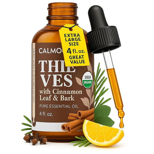 CALMOURA Organic Thieves Oil Essential Oil — USDA Certified Therapeutic Grade — (4 oz | 118 ml) — Based on The Tale of Four Thieves — Five Guards Essential Oil