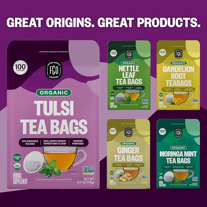 FGO Organic Tulsi Holy Basil Tea, 100 Count, Eco-Conscious Herbal Tea Bags, Resealable Bag, Caffeine Free, Packaging May Vary (Pack of 1)