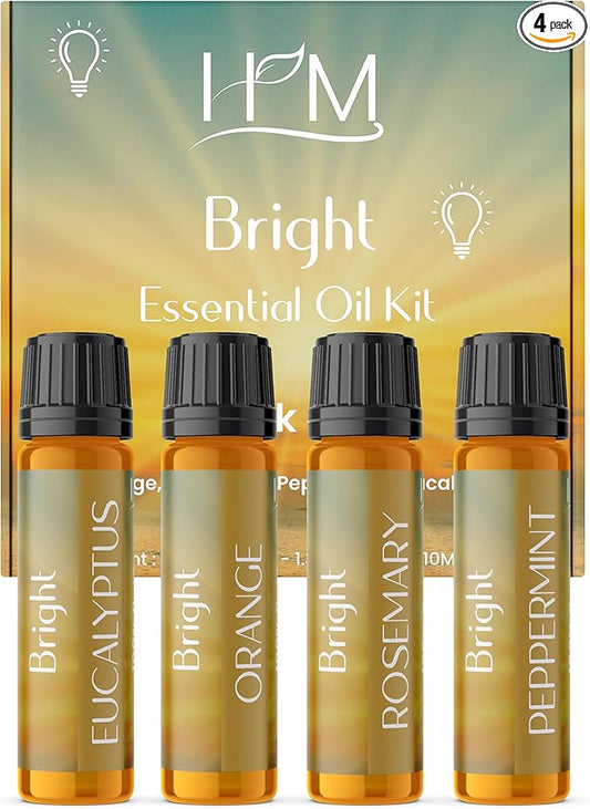 HM Bright Essential Oil Kit – 4 Pack | Gift Set | Orange, Rosemary, Peppermint, Eucalyptus | Energizing Aromatherapy for Focus, Clarity, and Uplifted Mood – 1.35 FL OZ Each
