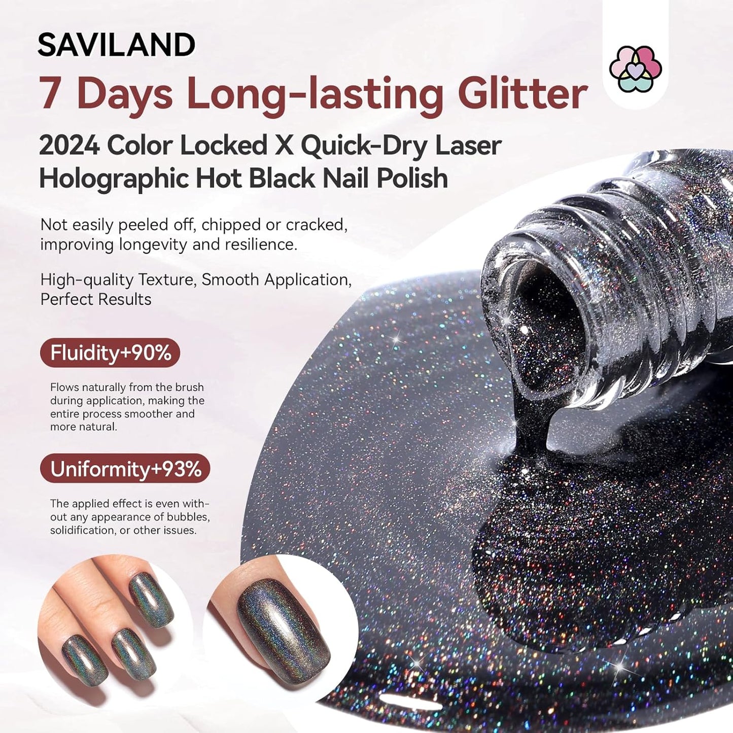 SAVILAND Holographic Black Nail Polish: Metallic Glitter Fingernail Polish Holographic Laser Plant-base Castor Oil Quick Dry Nail Polish Easy Use Remove Chrome Halo Nail Polish Beginner DIY Nail Tech