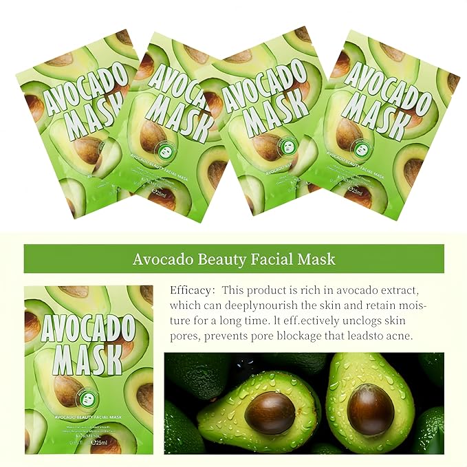 Facial mask Moisturizing face Mask - 10 Sheets, Deep Hydration, Improves Dry Skin, Sheet Mask, skincare for All Skin Types (10pcs, Avocado)