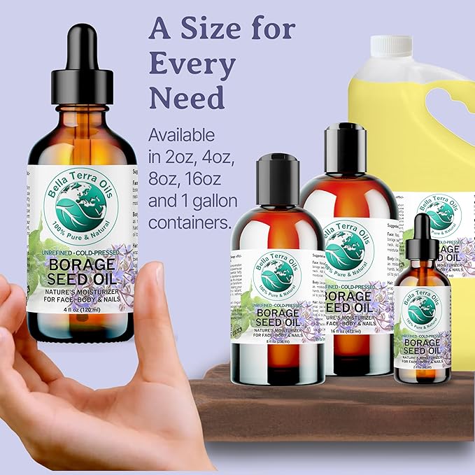 Bella Terra Oils - Organic Borage Seed Oil 2 oz - Cold-Pressed Excellence, Rich in Gamma-Linolenic Acid (GLA), Vitamins & Minerals, Ideal Nourishing Elixir for Skin